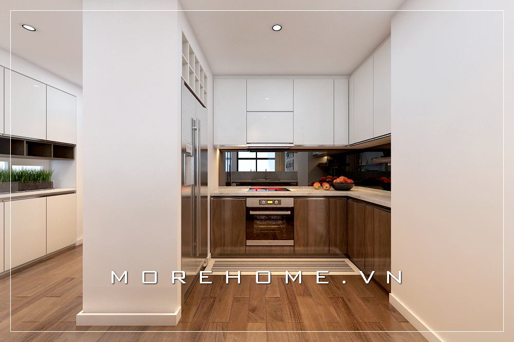 Phòng bếp được thiết kế hình chữ U với nội thất gỗ công nghiệp hiện đại và ấn tượng